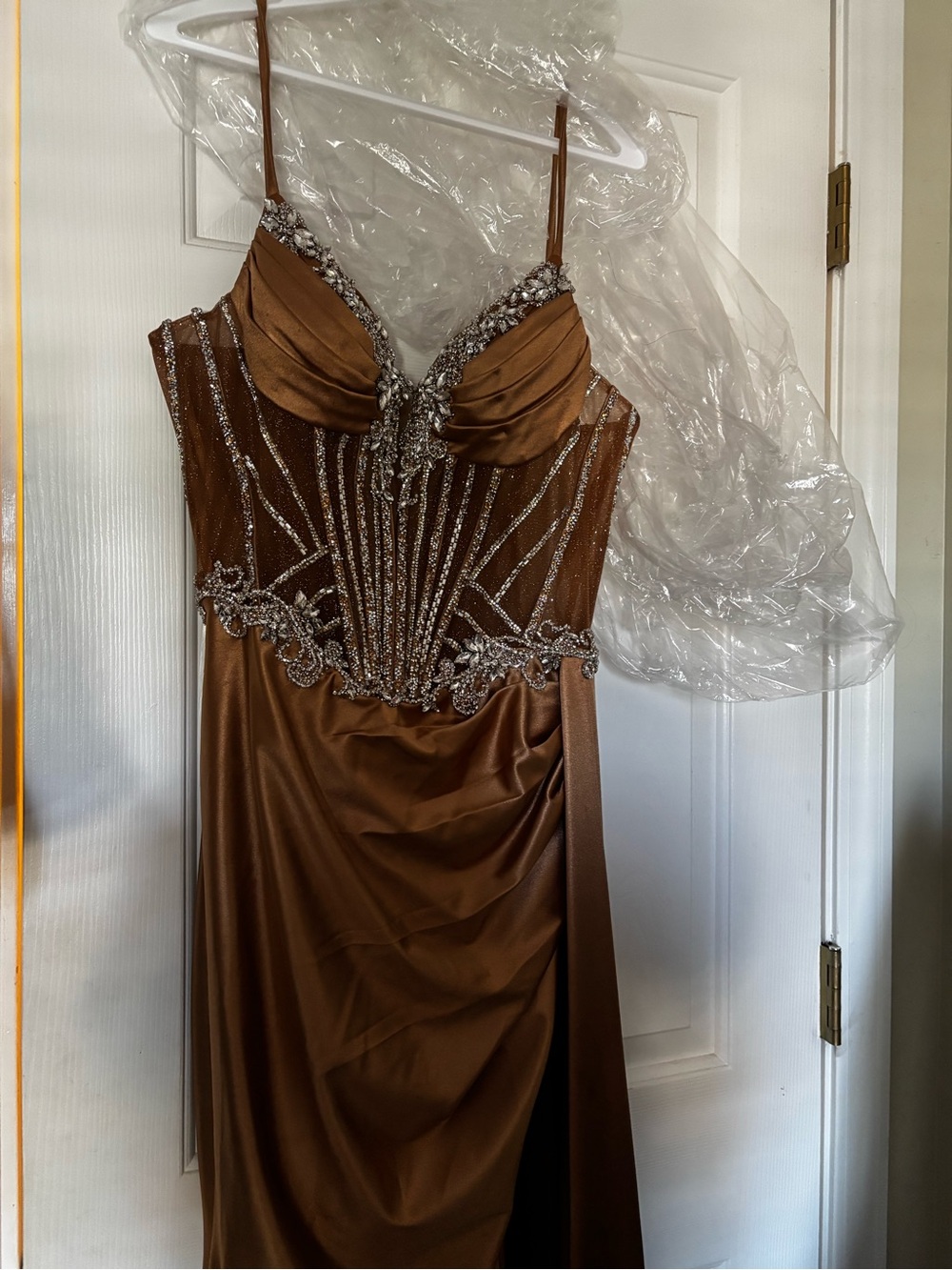 Brown Embellished Prom Dress with Spaghetti Straps
